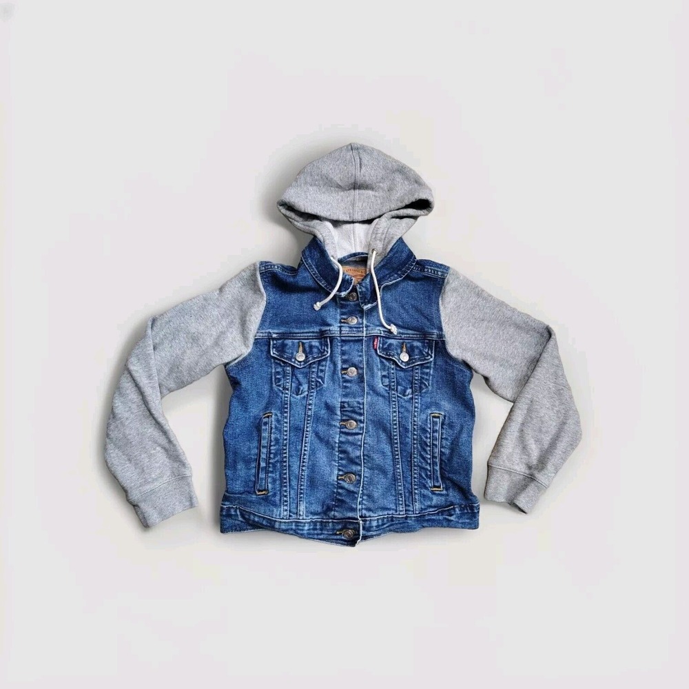 Levi's Blue Denim Jacket with Gray Hoodie Sleeves